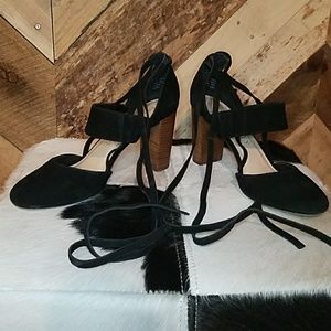 Black suede ankle lace up high heels